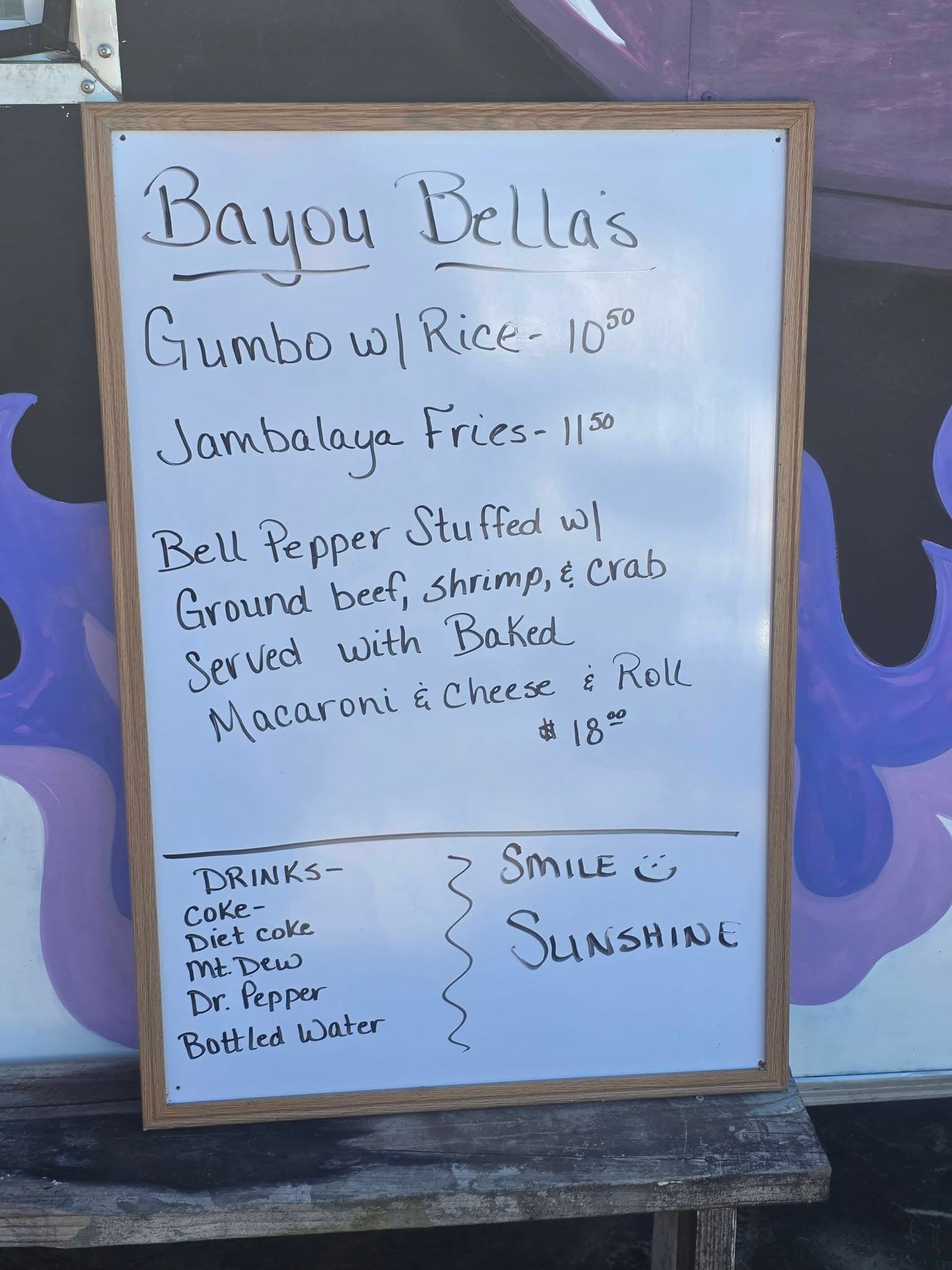 Bayou Bella’s daily menu board